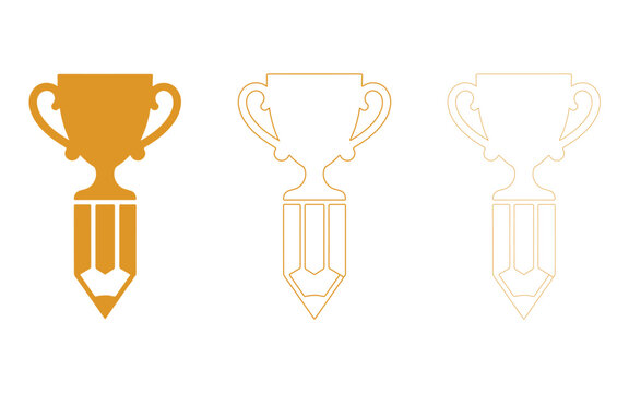 Set of three golden trophy pencil icons isolated on a white background for creative writing awards