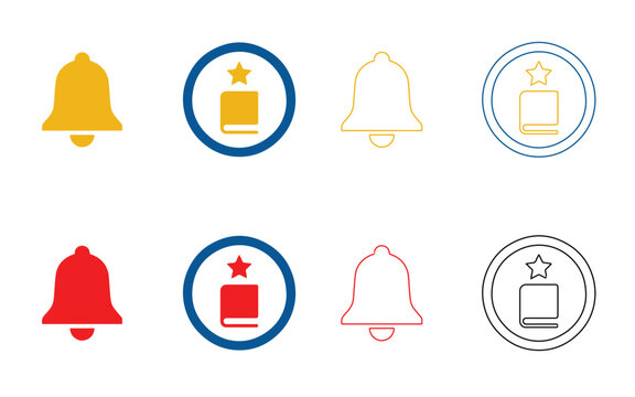 Set of notification bell and book icon designs with stars in flat and outline styles for web interface