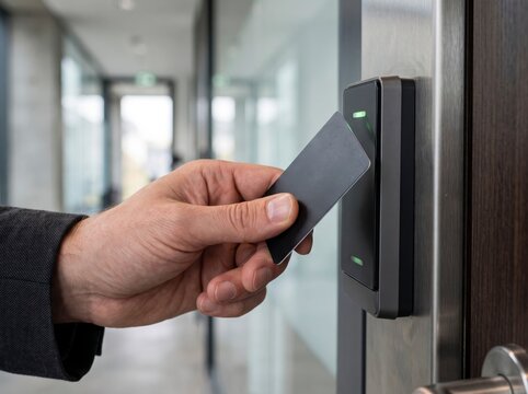 Close-up of a businessman's hand tapping an electronic keycard onto a modern door access control scanner to enter a secure corporate office building.