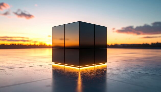 Futuristic Black Cube Glowing on Reflective Ground at Sunset