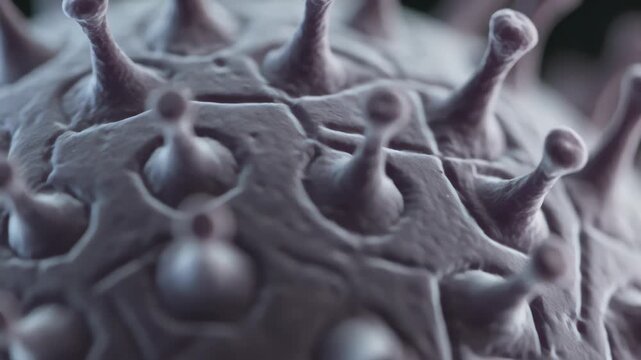 Virus model rotates as the camera zooms into a close-up of its spiky surface texture and shell details.