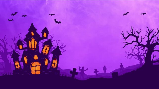 Spooky Halloween background with haunted house, graveyard silhouettes, and bats flying in a purple night sky