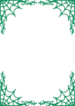 Green spider web corner frame decorative border element for Halloween invitations and spooky event designs isolated on white background