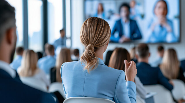 Hybrid business conference combining an in-person audience with remote participants displayed on a large screen, virtual event, hybrid meeting, corporate training, digital