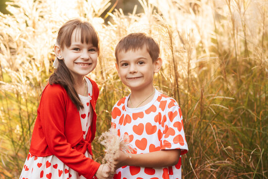 Two Children Hold Hands While Smiling in a Sunny Field With Tall Grass During Summer, Celebrating Friendship in Matching Outfits With Heart Patterns