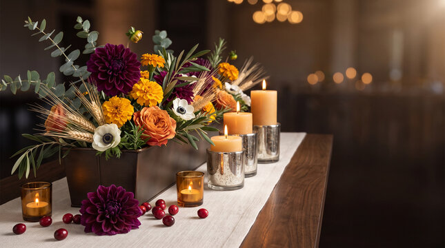 Autumn wedding centerpiece with candles and seasonal flowers  