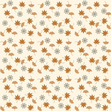 Spooky autumn seamless pattern with maple ginkgo leaves and spider webs on cream background