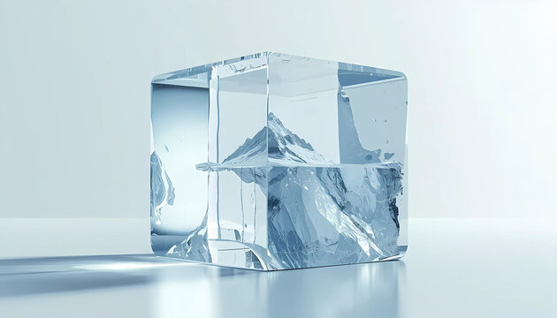 Perfectly translucent ice cube melting on a reflective surface with translucent refreshment transparent geometry reflection temperature material structure