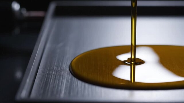 Golden vegetable oil pours onto a sleek black metallic surface in a professional kitchen environment creating a smooth and glossy liquid reflection.