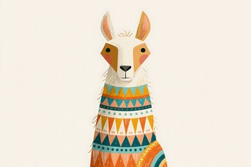 Fototapeta premium Illustration of a cute llama with colorful geometric folk patterns on its neck. Playful, Scandinavian-style animal character art with soft pastel tones, perfect for nursery decor and prints.