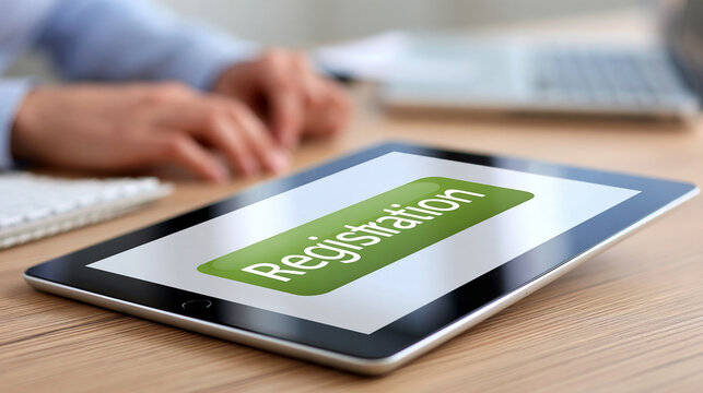 Tablet displaying a prominent generic registration button on a clean wooden office desk, online event registration, webinar signup, conference booking, digital invitation, event