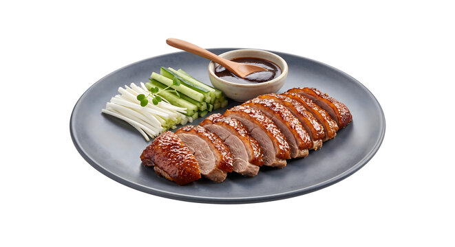 Peking duck slices with scallions cucumber and hoisin sauce on gray plate transparent background.