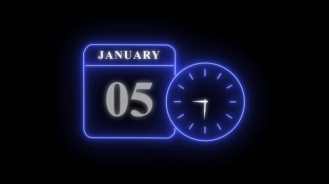Neon calendar and clock showing january 05