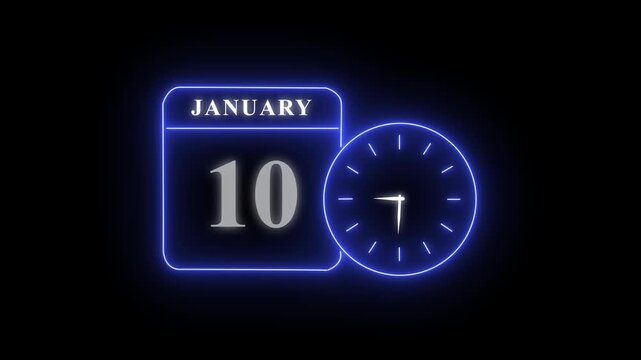 Neon calendar and clock showing january 10 with time