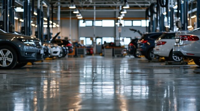 Modern automotive repair shop interior with generic cars in service bays