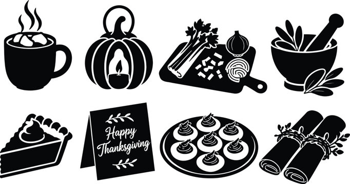 Thanksgiving Food and Autumn Icons Collection - Black Silhouette Vector Set Featuring Pumpkin Pie, Hot Cocoa, Deviled Eggs, Herb Mortar, and Seasonal Decorations for Holiday Design