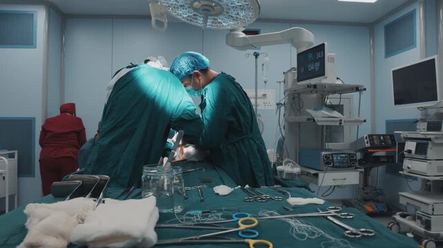 Sterile surgical instruments fill the foreground while a medical team performs an operation in a modern operating room. Hospital equipment, professional surgery, patient care, clinical practice 