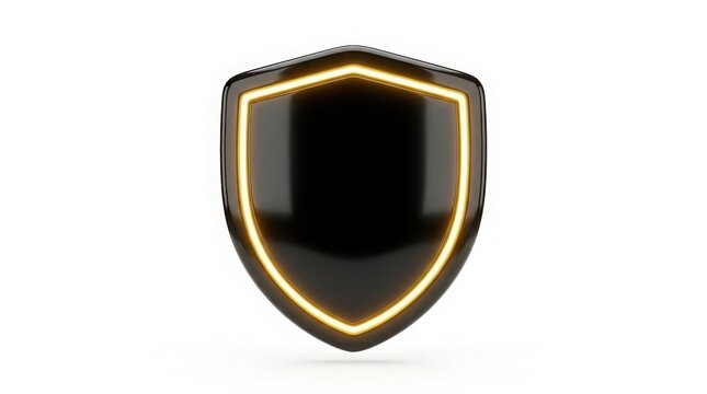 3d rendered black shield with glowing golden outline isolated on white background