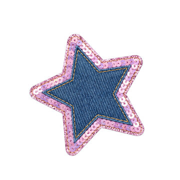 Star-shaped denim patch with pink sequin border provides fashionable textile accessory for apparel.