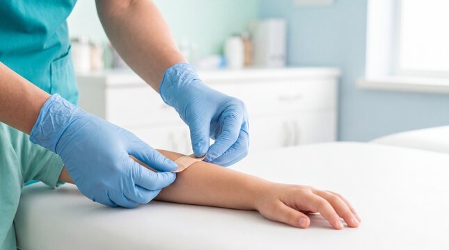 nurse applying adhesive bandage to patient's arm in clinic