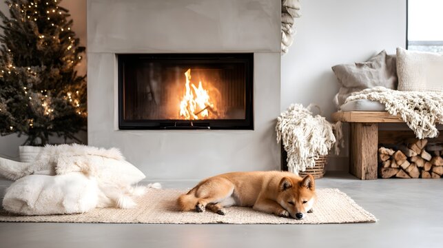A dog resting peacefully on a soft area rug in front of a modern burning fireplace. Warm, cozy living room, complete with an illuminated Christmas tree and neutral, neutral-toned decor.