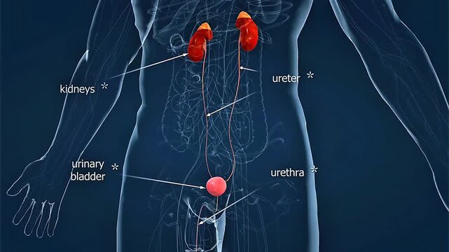 Human urinary system showing the kidneys, ureters, bladder, urethra, and pathway of urine flow.