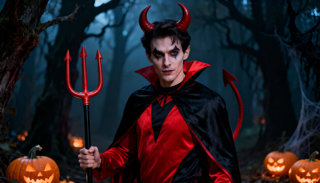 Man in red devil Halloween costume with horns, trident and tail in dark spooky forest
