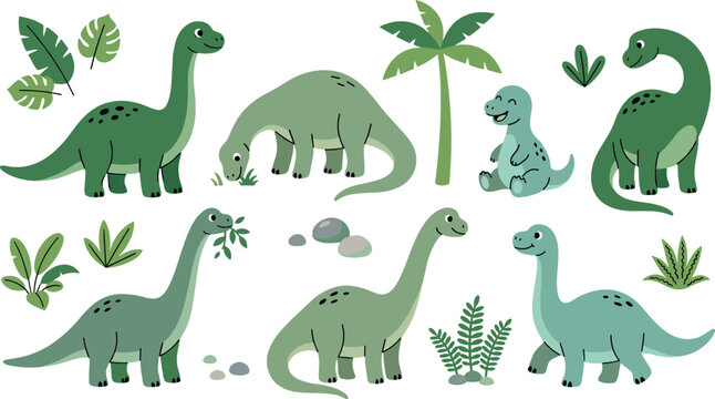 Friendly herbivore diplodocus dinosaur character bundle with cute babies, palm trees, ferns, and tropical leaves for nursery design.