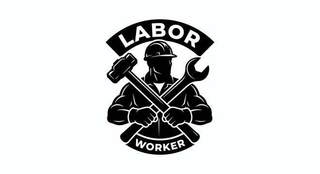 Labor worker silhouette with hammer and wrench black on white background