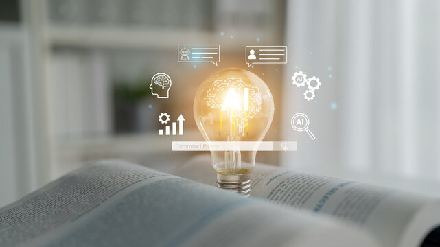 Light bulb glowing above an open book symbolizing creativity, innovation, and knowledge with digital icons representing technology and ideas. Entropy.