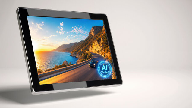 Digital tablet screen displaying a scenic coastal landscape image with an AI verified badge for artificial intelligence authentication.