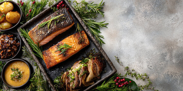 Holiday table with baked salmon garnished with rosemary, roasted potatoes, saut&eacute;ed spinach and croissants arranged with fir branches and red berries on textured gray background