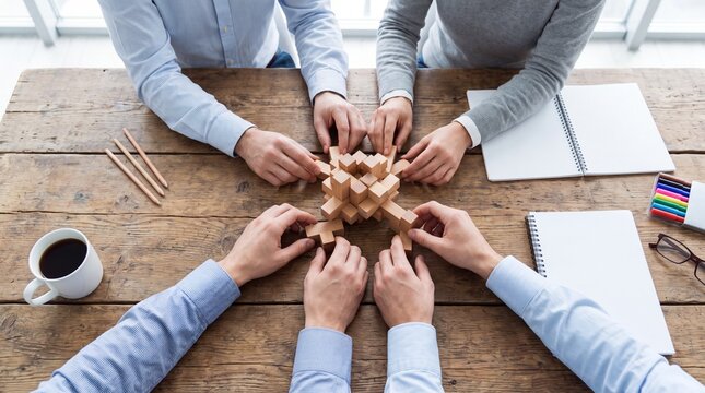 Business team collaborating together on a wooden table with a wooden puzzle construction set