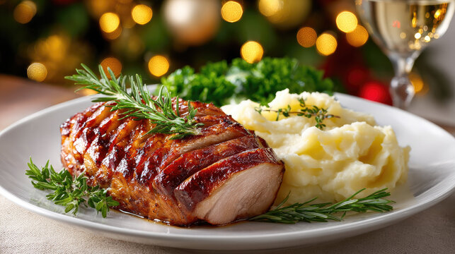 Holiday table with baked salmon garnished with rosemary, roasted potatoes, saut&eacute;ed spinach and croissants arranged with fir branches and red berries on textured gray background