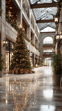 Christmas shopping mall interior decorating during the holiday season, featuring festive garlands, red bows, and illuminated trees, creating an elegant ambiance with copy space