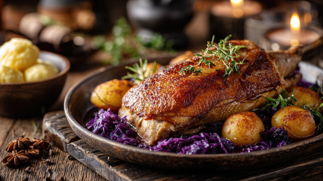 Whole martin goose with golden crispy skin served with dumplings and red cabbage on rustic german family table, traditional festive meal on st martin's day, cozy autumn atmosphere, space for text