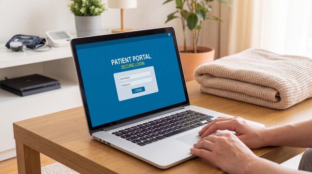 Person using a laptop to access a patient portal login screen at home
