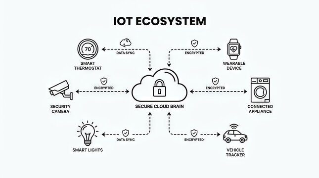 Internet of Things ecosystem diagram connecting smart devices cloud.