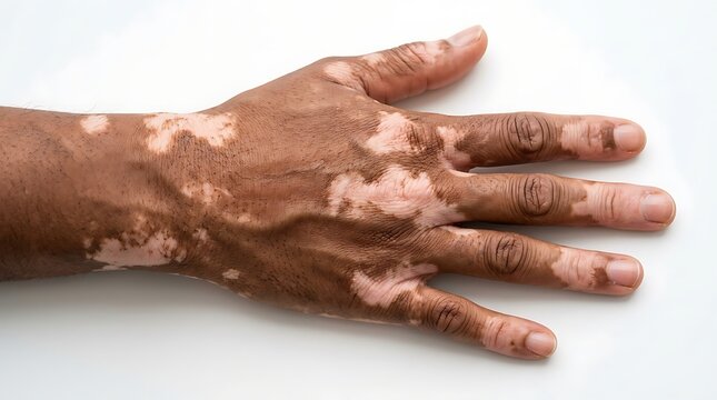Close up of a human hand showing skin with vitiligo pigmentation patches on a white background