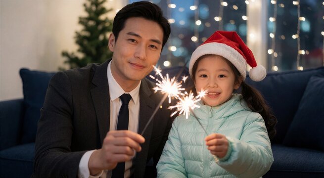 A man and a young girl holding lit Christmas sparklers together against a cozy holiday backdrop.