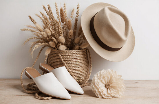 Beige fedora hat wheat stalks and white mules arranged on a light wood surface