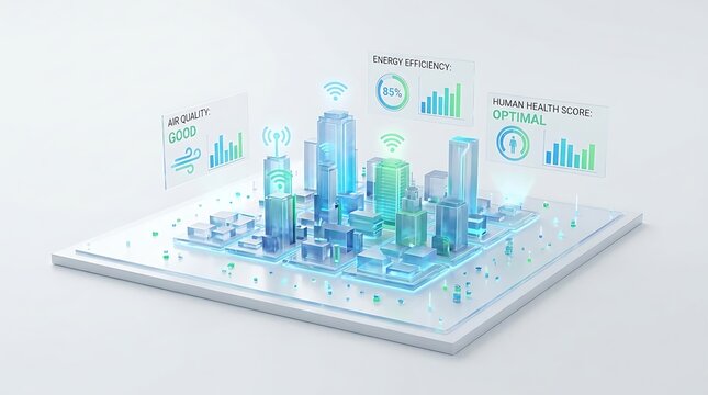 Smart city digital twin concept with glass buildings, data visualization overlays, air metrics, energy efficiency, and health scores