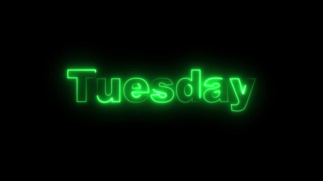 Neon text icon animation on Black background, Glowing neon text 'TUESDAY', text with color orange letters motion design