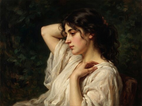Classical oil painting portrait of a young woman in a white dress touching her dark hair