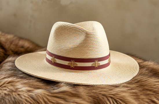 Straw fedora hat with bee embellishments rests on a textured surface