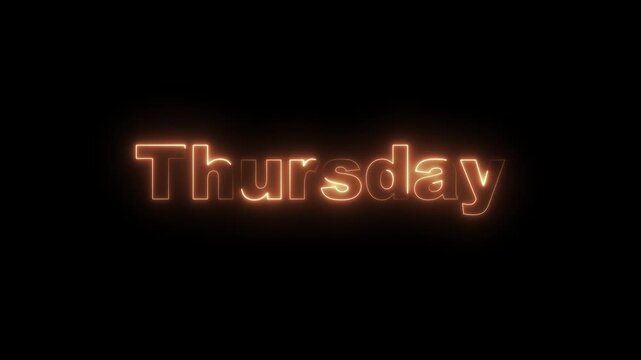 Neon text icon animation on Black background, Glowing neon text 'THURSDAY', text with color orange letters motion design