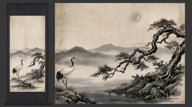 Traditional Chinese landscape scroll painting. Red-crowned crane bird and ancient pine tree