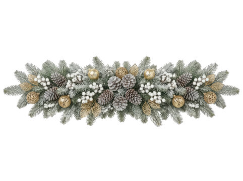 Festive winter garland with pine branches pinecones berries and ornaments isolated on transparent background