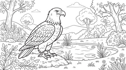 Fototapeta premium Coloring page featuring a bald eagle standing on a grassy riverbank near a pond, surrounded by trees, bushes, flowers, and cattails in a natural landscape also transparent background