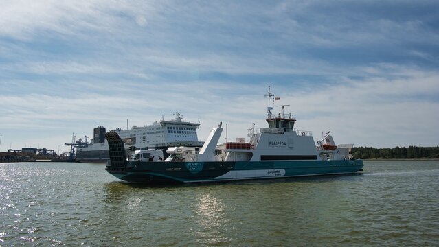 Klaipeda, Lithuania - August 28, 2026. Passenger ferry sailing in the harbor